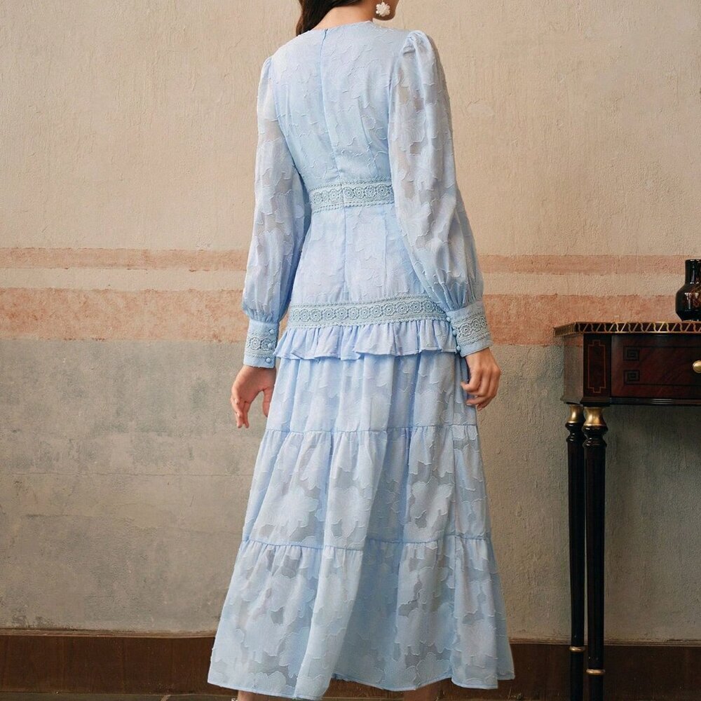 Baby Blue Elegant Women's French Style Ruched V-Neck Puff Sleeve Maxi Dress - Picture 2 of 6